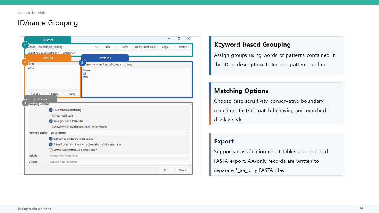 ID/Name-based Grouping ruleset keywords and matching-policy settings