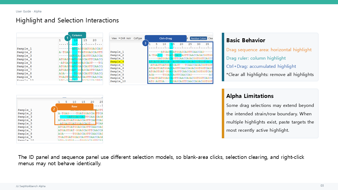 Click, normal drag, and Ctrl-drag highlight behavior in the sequence panel