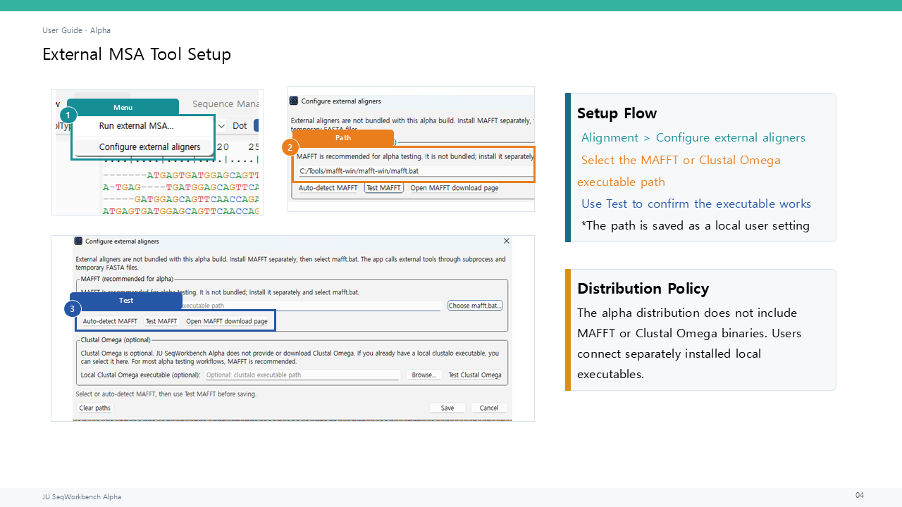 External aligner settings showing MAFFT and Clustal Omega path selection and test controls