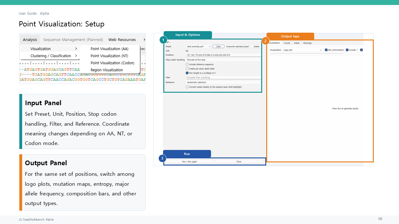 Point Visualization position, reference sequence, filter, and inclusion settings