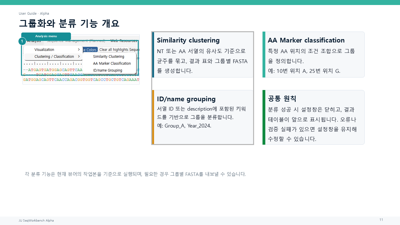 ID/이름 그룹화, AA 마커 분류 및 유사도 군집화 기능의 시작 위치