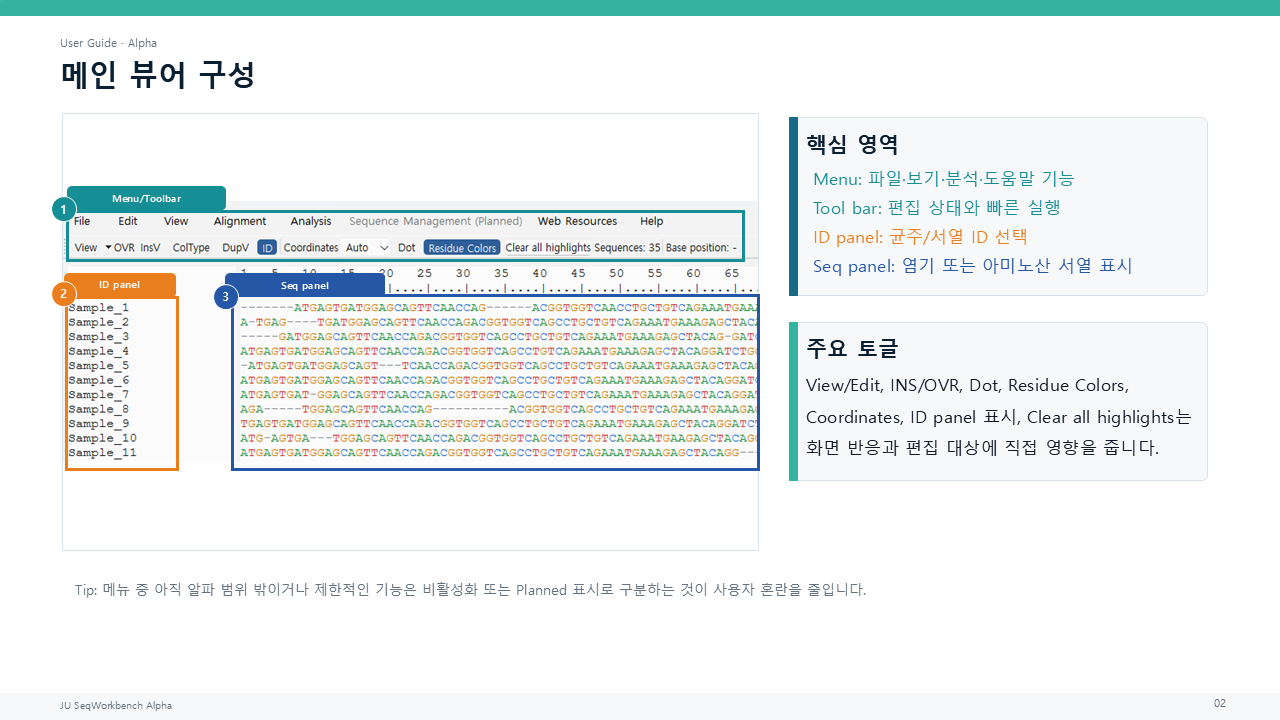 JU SeqWorkbench 메인 창의 메뉴, 도구막대, ID 패널 및 서열 패널